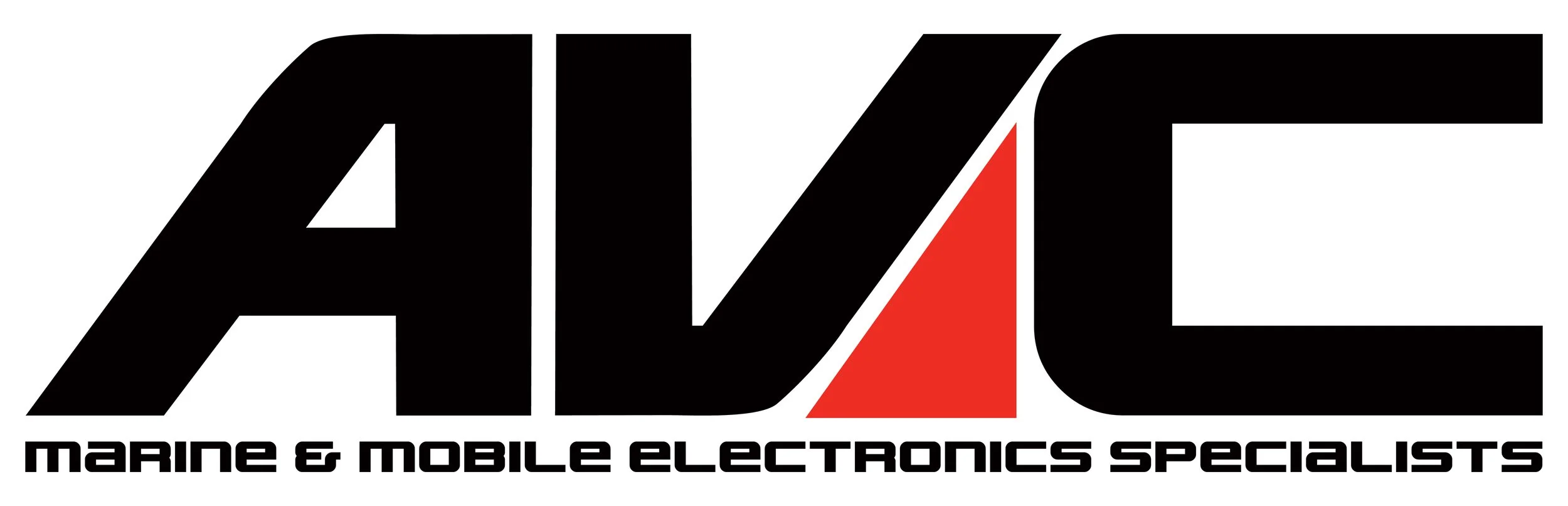 Logo of AVC Marine & Mobile Electronics Specialists in black, red, and white. logo